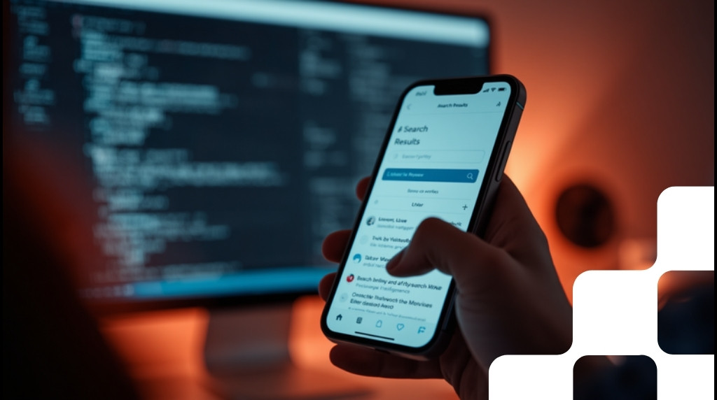 Foto de uma mão segurando um smartphone exibindo resultados de busca com IA