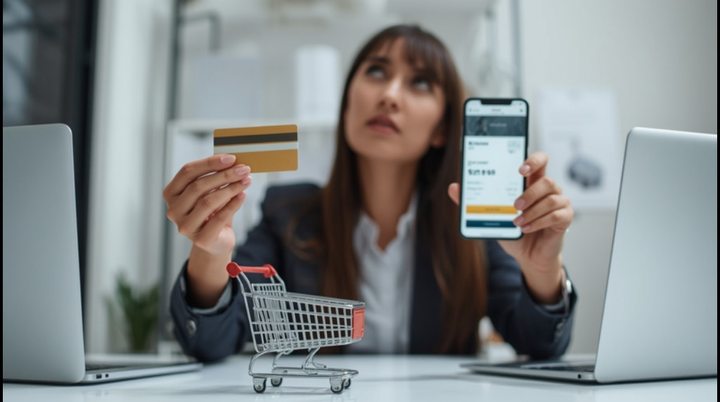 Foto de uma pessoa em dúvida ao fazer uma compra online com cartão e celular