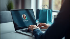 Pessoa comprando online no notebook com assistente de IA e sacolas ao fundo