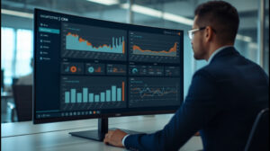 Profissional analisando um painel de CRM em um monitor