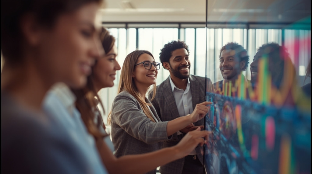 Equipe analisando dados de clientes conectados em uma tela em um escritorio iluminado
