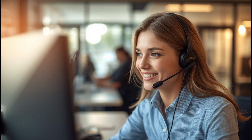 Atendente de relacionamento com headset analisando dados de clientes