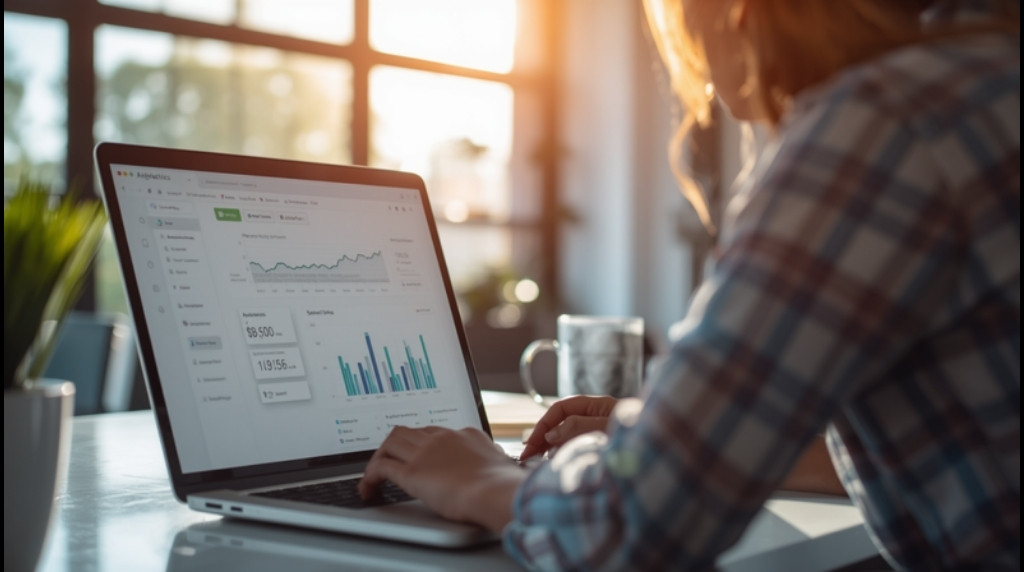 Analista revisando painel de analytics e controles de dados em um notebook