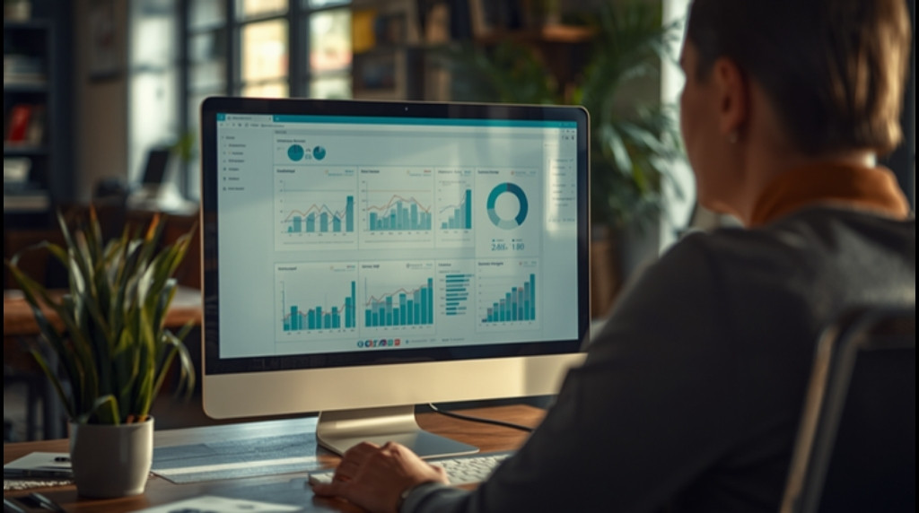 Foto de uma analista observando um painel de dados de clientes em um monitor