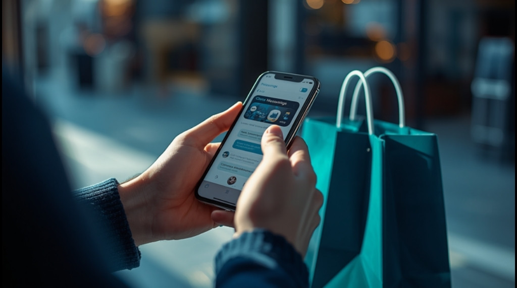 Mao segurando celular com app de mensagens e sacola de compras