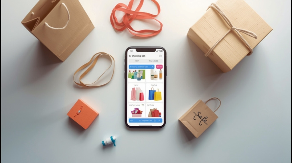 Foto flat lay de sacolas de compras e um smartphone com app de e-commerce