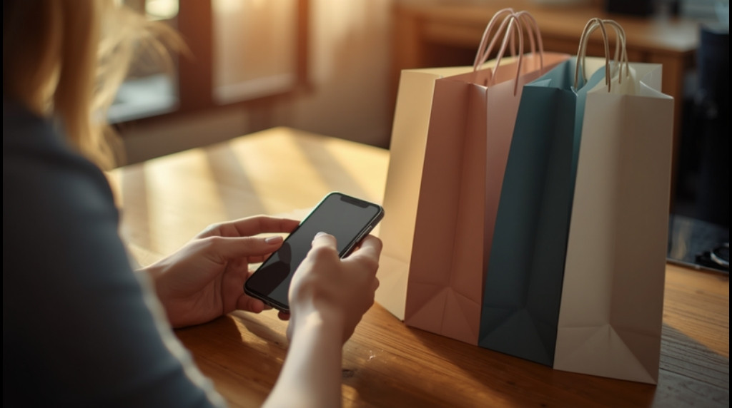 Pessoa comprando pelo celular com sacolas de compras ao lado
