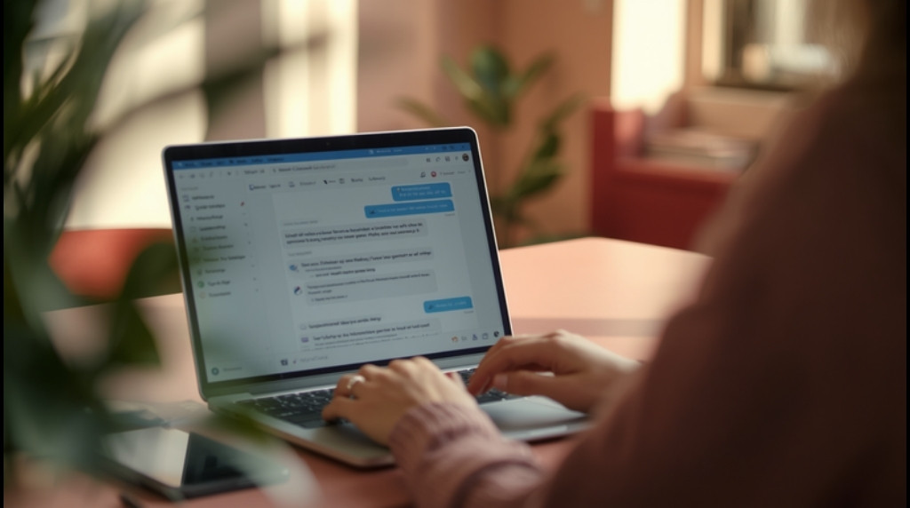 Pessoa usando um assistente de IA com interface de chat em um notebook, ambiente quente