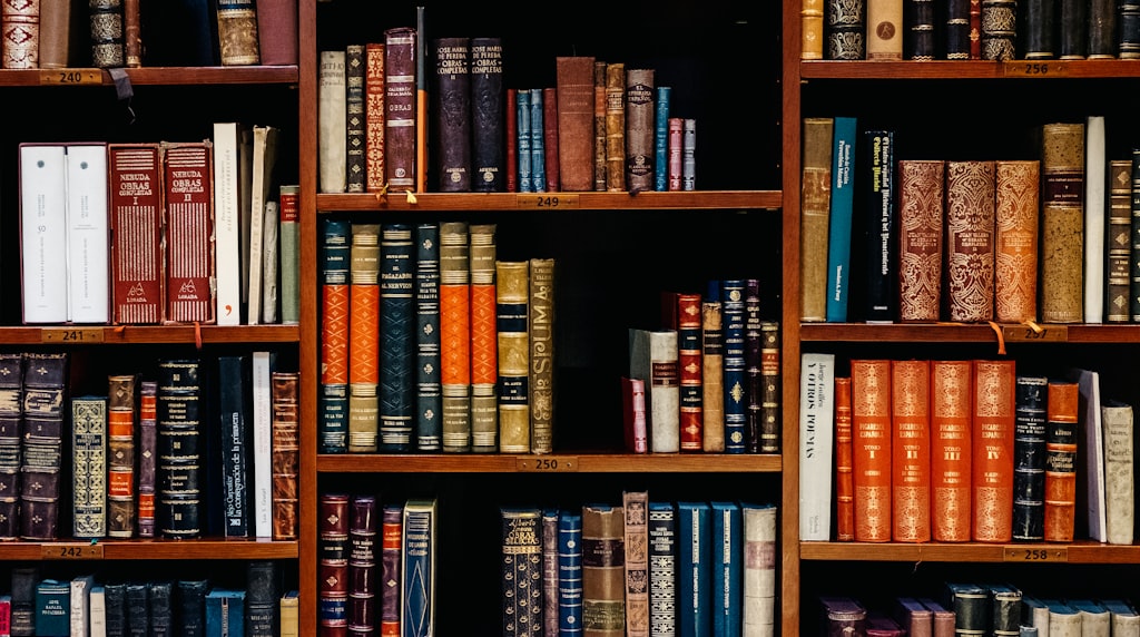 Livros empilhados nas prateleiras de uma biblioteca