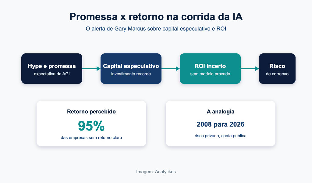 O ciclo de promessa e retorno na corrida da IA e a analogia com 2008, segundo o alerta de Gary Marcus. Imagem: Analytikos
