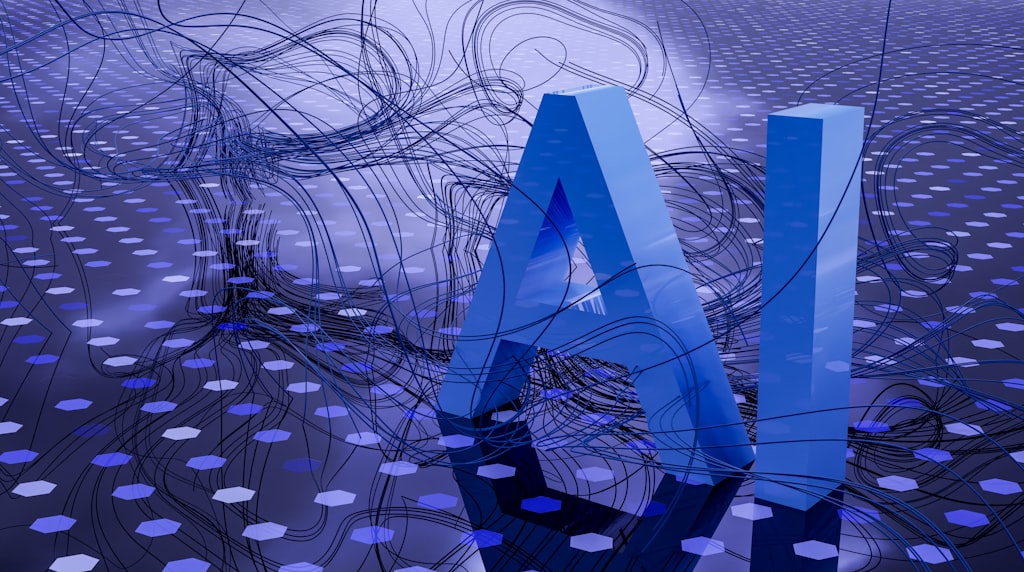 Texto IA em 3D sobre fundo digital escuro