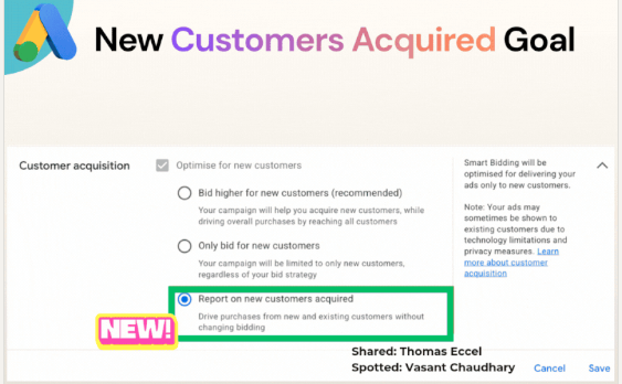 Configuracoes de aquisicao de clientes do Google Ads com a opcao Report on new customers acquired selecionada