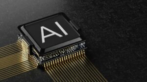 Chip processador de computador com pinos dourados em uma placa de circuito