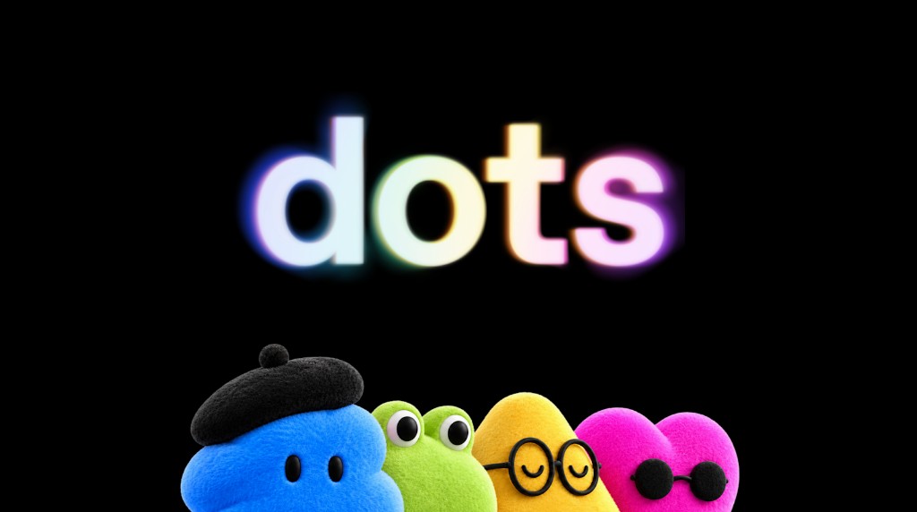 Logotipo luminoso e multicolorido dos dots acima de quatro personagens dot de pelúcia, em fundo preto