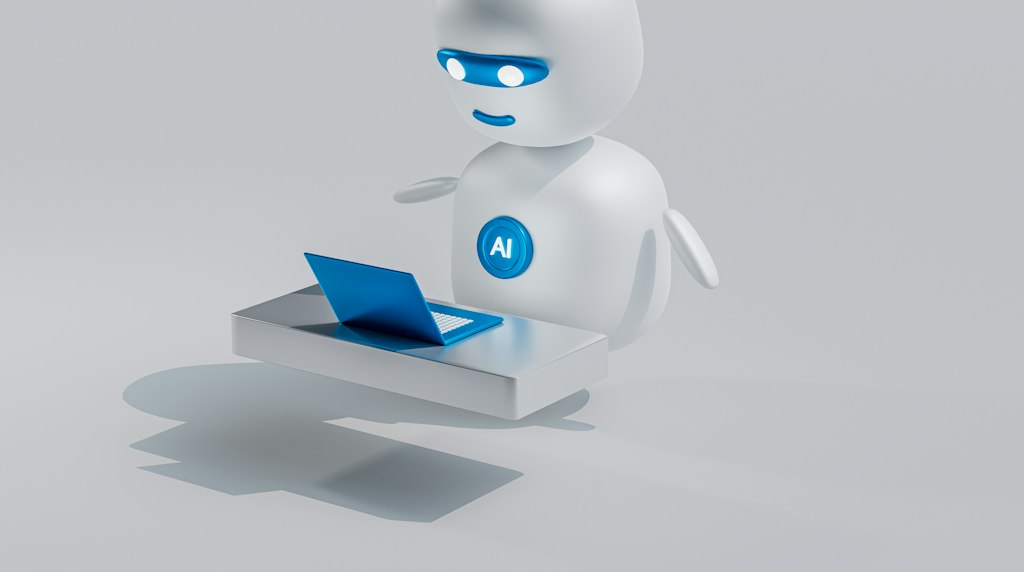 Robo branco com olhos azuis diante de um notebook
