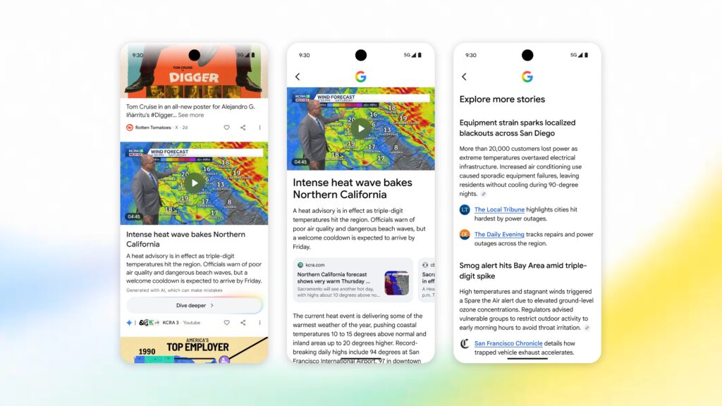 Tres telas de celular mostrando o card no Discover com o botao Dive deeper, a visao geral do topico e a tela Explore more stories