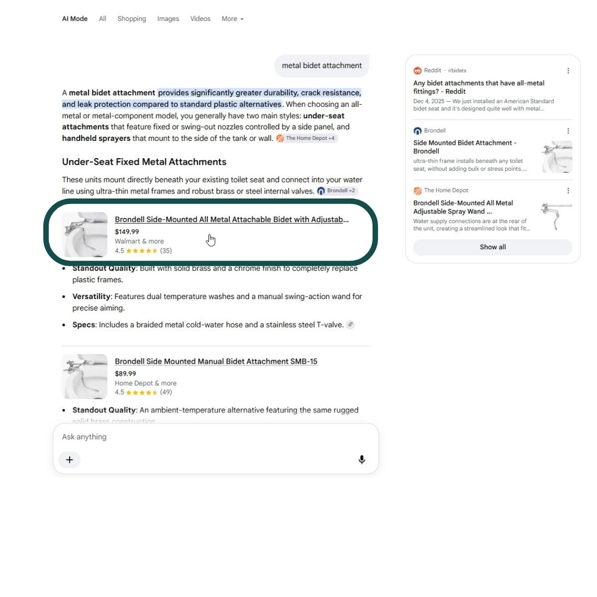 Resposta do AI Mode do Google com o mesmo produto cerca de 26% mais caro