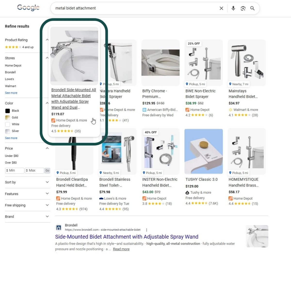 Resultado de busca tradicional do Google com o produto destacado na primeira posição e preço menor