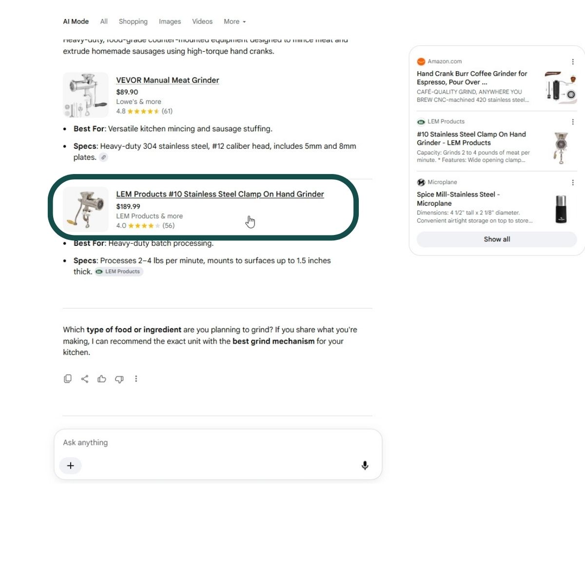 Resposta do AI Mode com o mesmo produto de outro vendedor e 19% mais caro