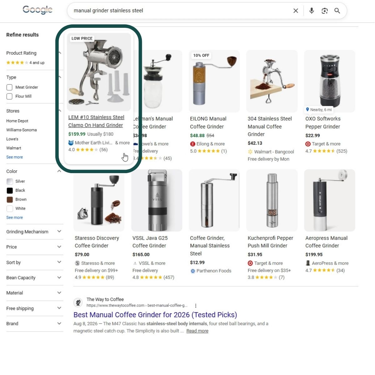 Resultado de busca tradicional com o produto de um vendedor e preço menor