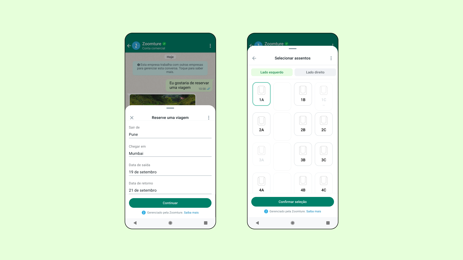 Exemplo oficial de WhatsApp Flows mostrando reserva de viagem e selecao de assento de aviao dentro da conversa