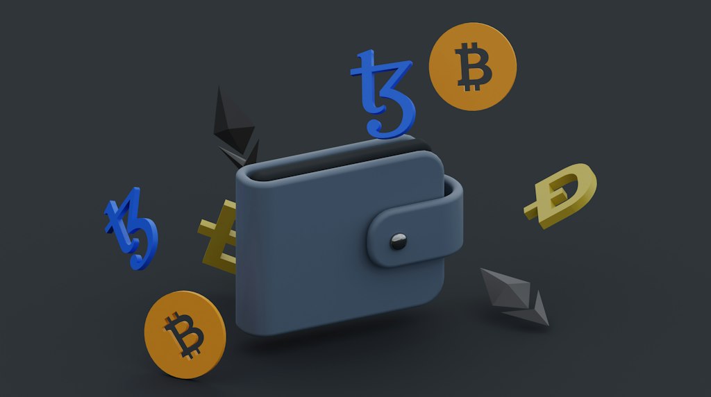 Carteira de criptomoedas com bitcoins caindo para fora