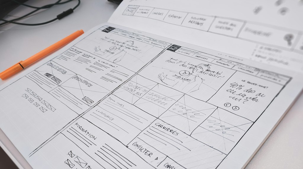 Wireframe desenhado à mão em papel representando o layout de uma interface