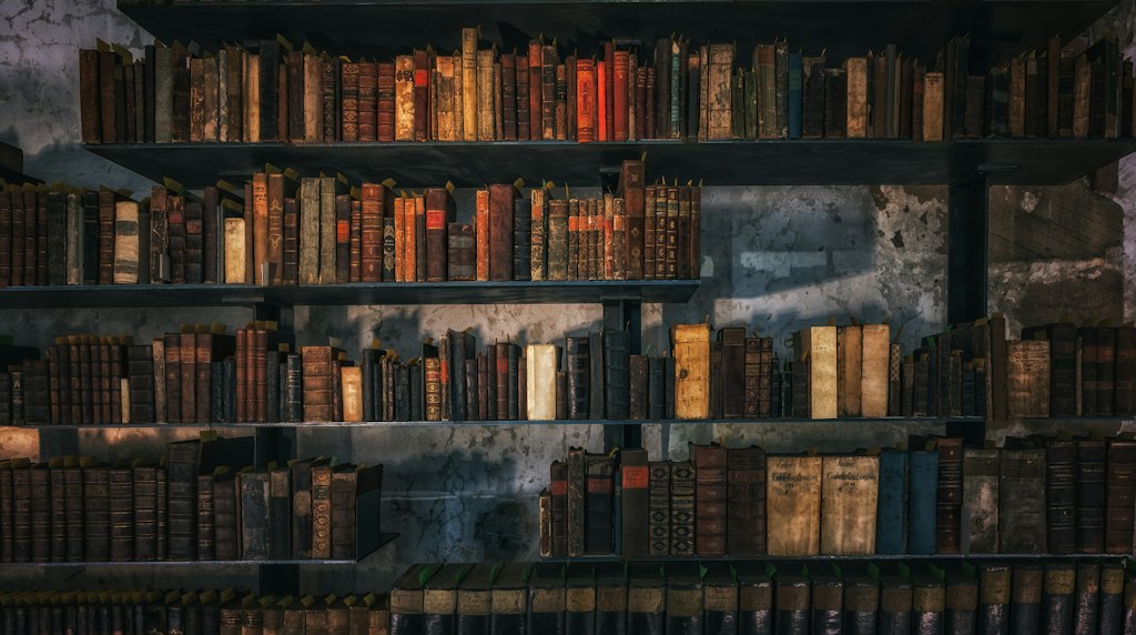 Estantes de madeira com livros em uma biblioteca, representando fontes originais de informação
