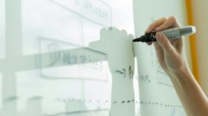 Mão desenhando um diagrama de planejamento em um quadro