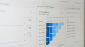 Tela de computador exibindo um relatório de análise de coorte e métricas de usuários