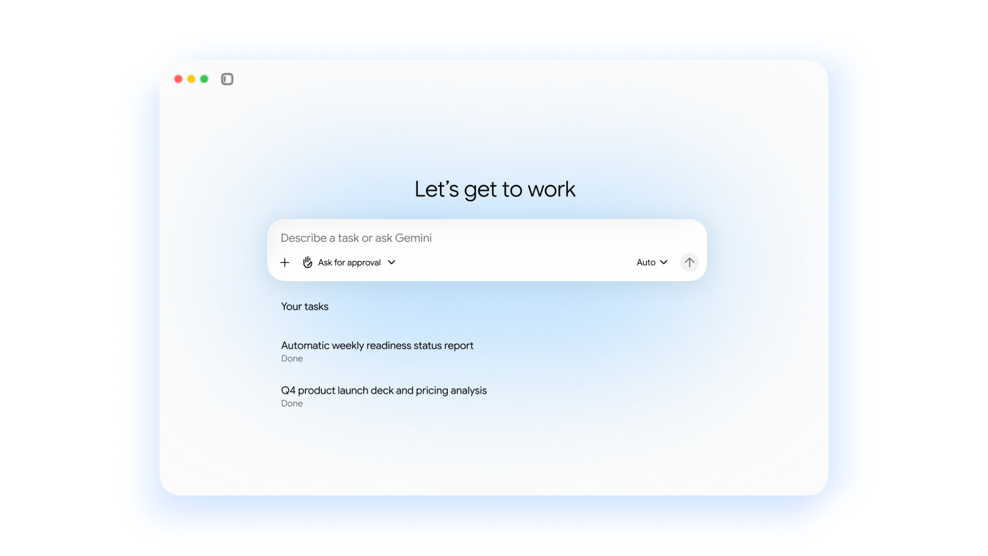 Interface do Gemini agent com campo para descrever uma tarefa, opção Pedir aprovação e lista de tarefas concluídas