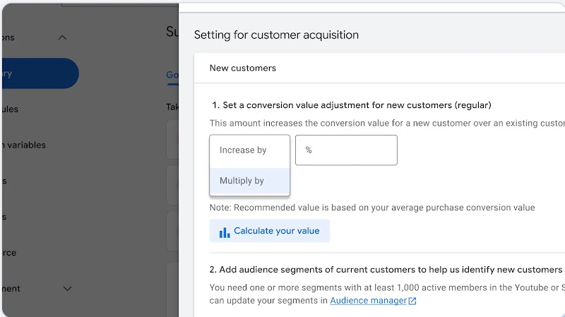 Tela do Google Ads para ajuste de valor de conversão de novos clientes com as opções Aumentar em e Multiplicar por