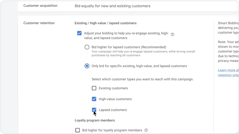 Tela do Google Ads com as opções de retenção de clientes: lance maior para clientes inativos ou somente para clientes existentes, de alto valor e inativos