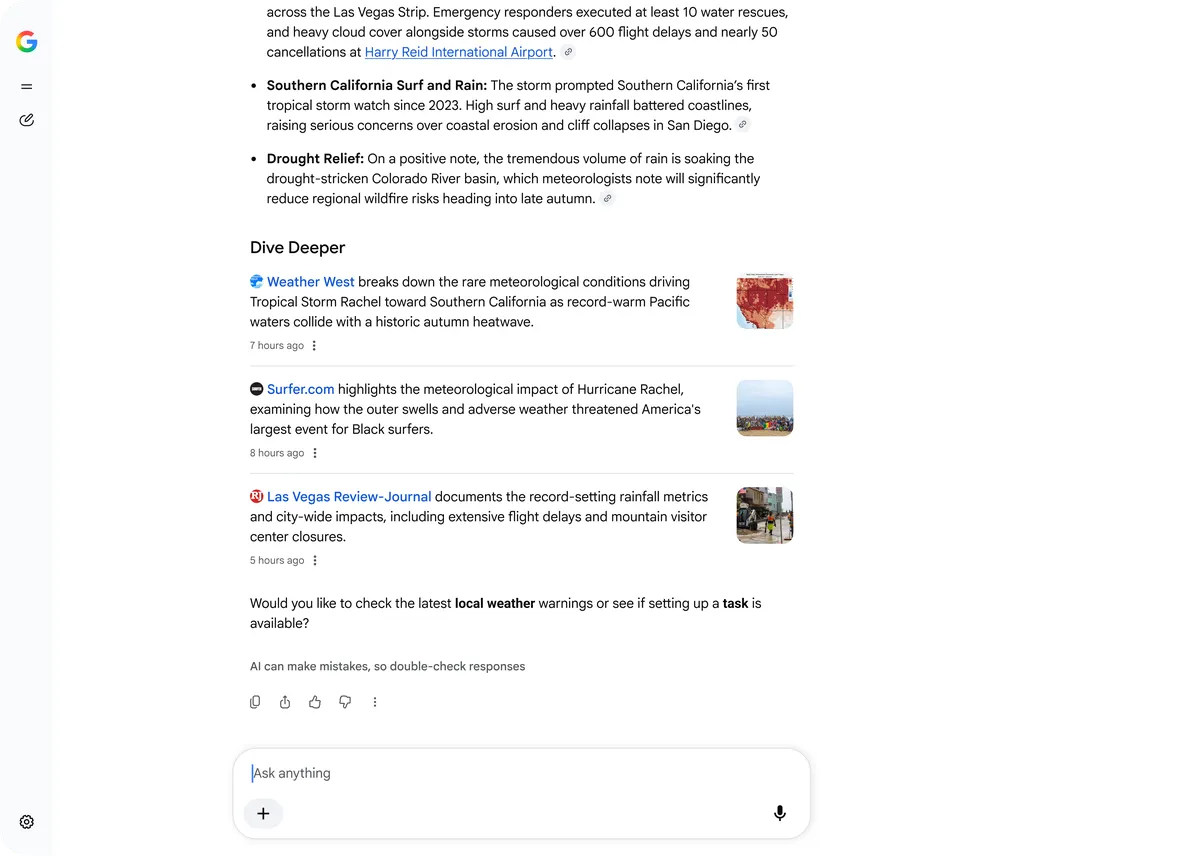 Links de artigos relacionados com miniaturas ao final de uma resposta de IA, exemplo do anúncio do Google