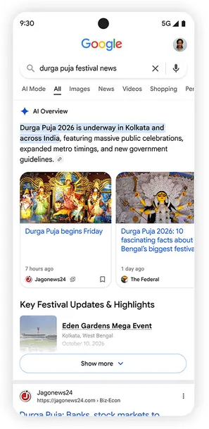 Carrossel de artigos em destaque no AI Overviews no celular, exemplo do anúncio do Google