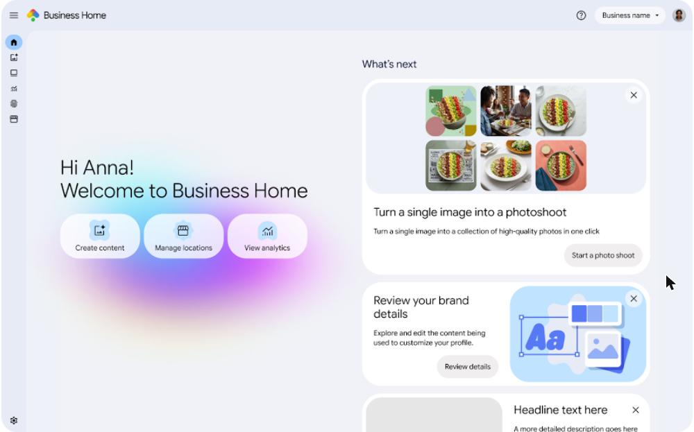 Painel inicial da Business Home do Google, com atalhos para criar conteúdo, gerenciar locais e ver análises, e cartões de próximos passos