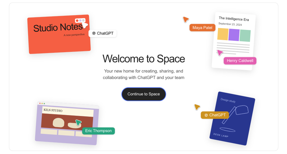 Tela de boas-vindas do ChatGPT Space com páginas compartilhadas e colaboradores