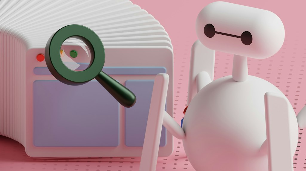 Robô branco segurando uma lupa, ilustrando a busca com inteligência artificial