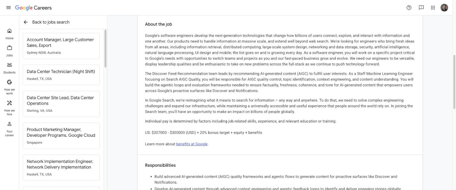 Print da vaga de Staff ML Engineer, Search Discover Feed Recommendation, no Google Careers