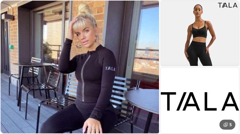 Resposta do ChatGPT a “What is TALA?”: fotos da marca de moda fitness TALA, com modelo de agasalho preto sentada em varanda, top esportivo preto e logotipo da marca
