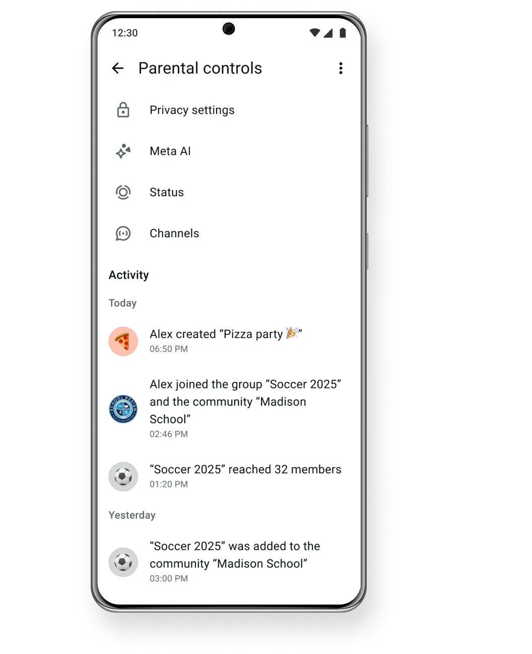 interface do app mostrando a visualização de atividades para analisar atividades em contas gerenciadas por pais