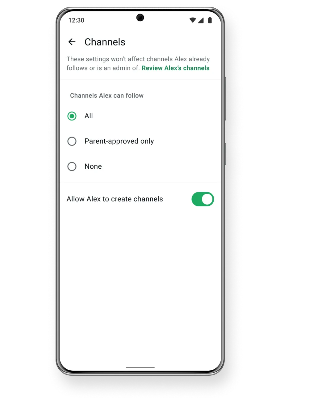interface do app mostrando as configurações de canais controladas pelos pais