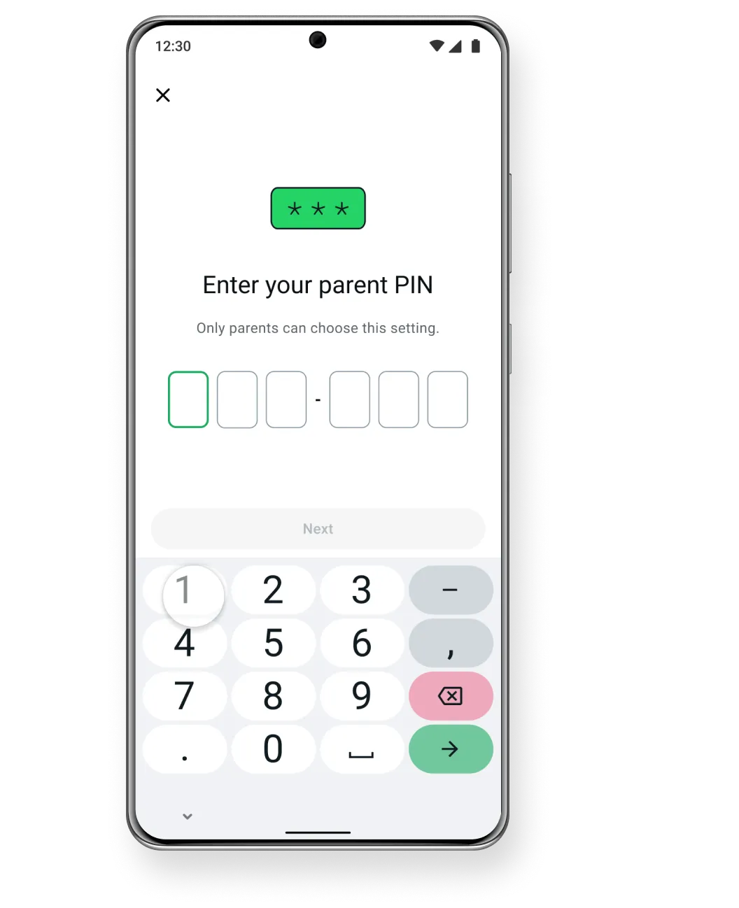 interface do app mostrando as configurações de privacidade controladas por pais, exigindo o PIN para acessar